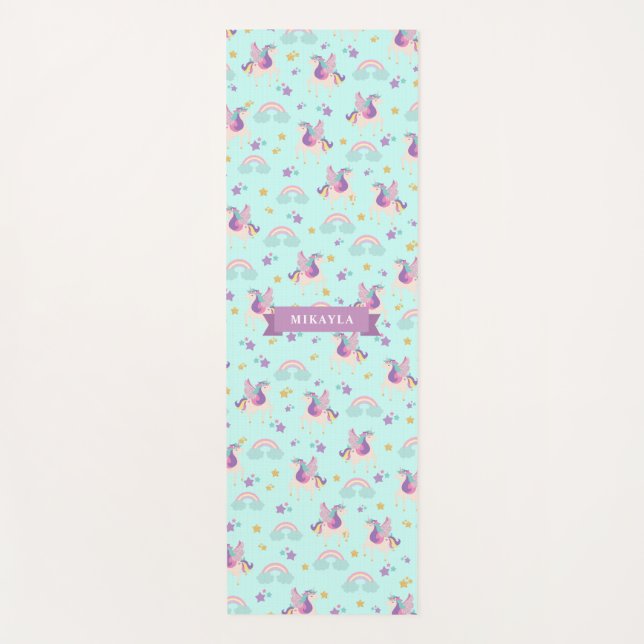 Aqua | Cute Rainbow Unicorn Pattern Kids Yoga Mat (Front)