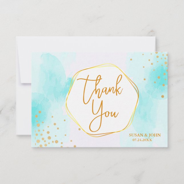 Aqua Cyan Blue Watercolor Gold Glitter Thank You Card (Front)