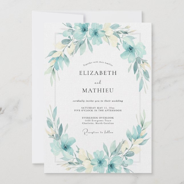 Aqua Cyan Leafy Wedding Invitation (Front)