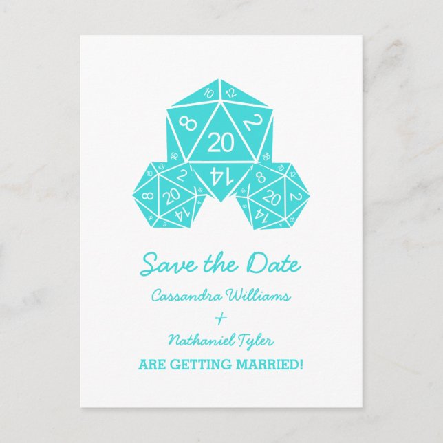 Aqua D20 Dice Save the Date Postcard (Front)