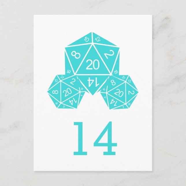 Aqua D20 Dice Table Number Postcard (Front)