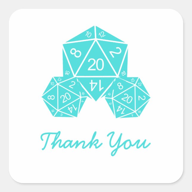 Aqua D20 Dice Thank You Stickers (Front)