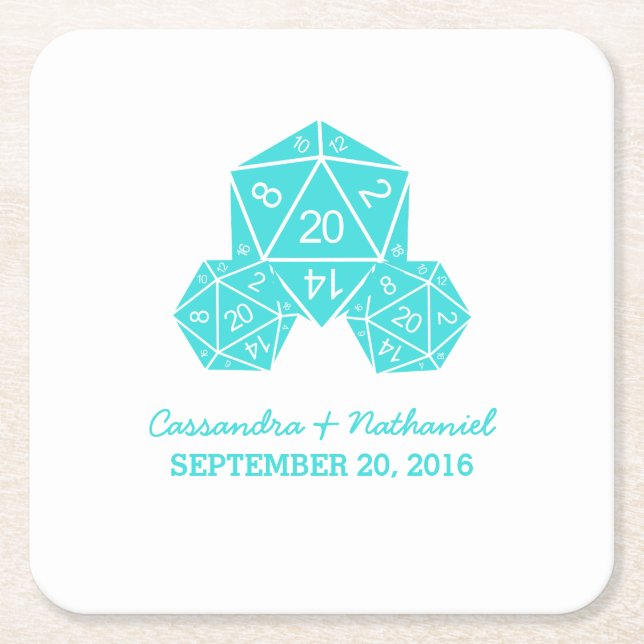 Aqua D20 Dice Wedding Paper Coasters (Front)