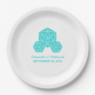 Aqua D20 Dice Wedding Paper Plates