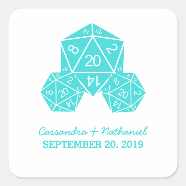 Aqua D20 Dice Wedding Stickers (Front)