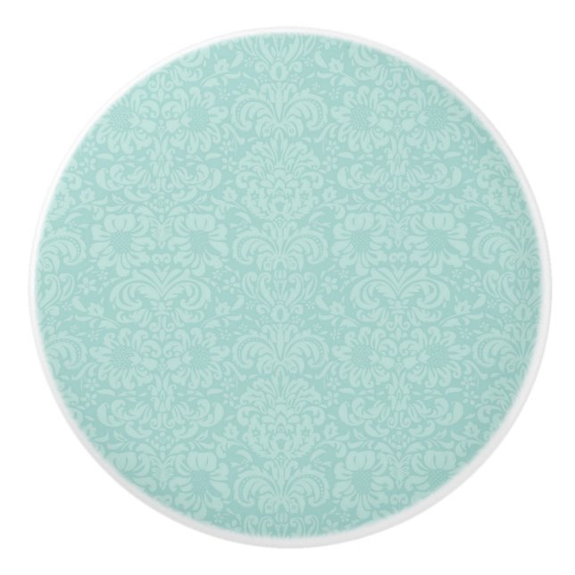 Aqua damask ceramic cabinet door knobs pulls. (Front)