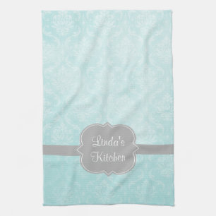 Aqua Damask Grey Personalised Kitchen Towel