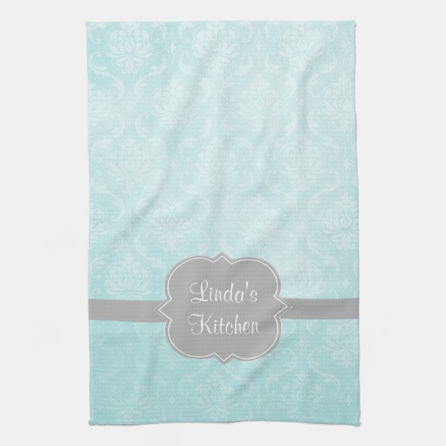 Aqua Damask Grey Personalised Kitchen Towel (Vertical)