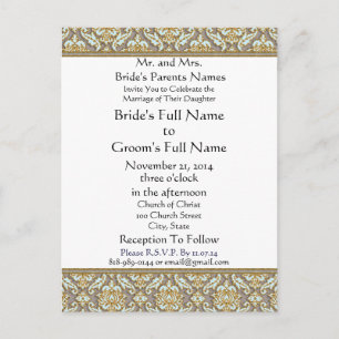 Aqua Damask  Grey Wedding Invitation Postcard