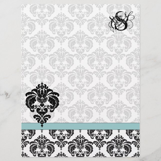 Aqua Damask Monogram Letterhead (Front)