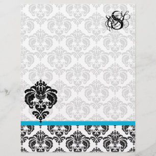 Aqua Damask Monogram Letterhead
