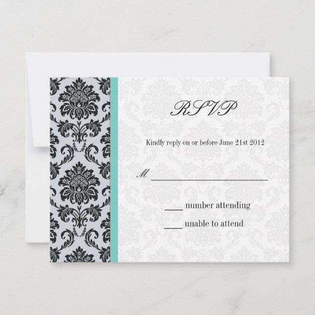 Aqua Damask Monogram Wedding RSVP Card (Front)
