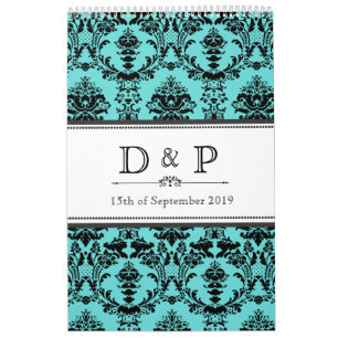 Aqua Damask Monogram Wedding Sign Photo Guestbook Calendar