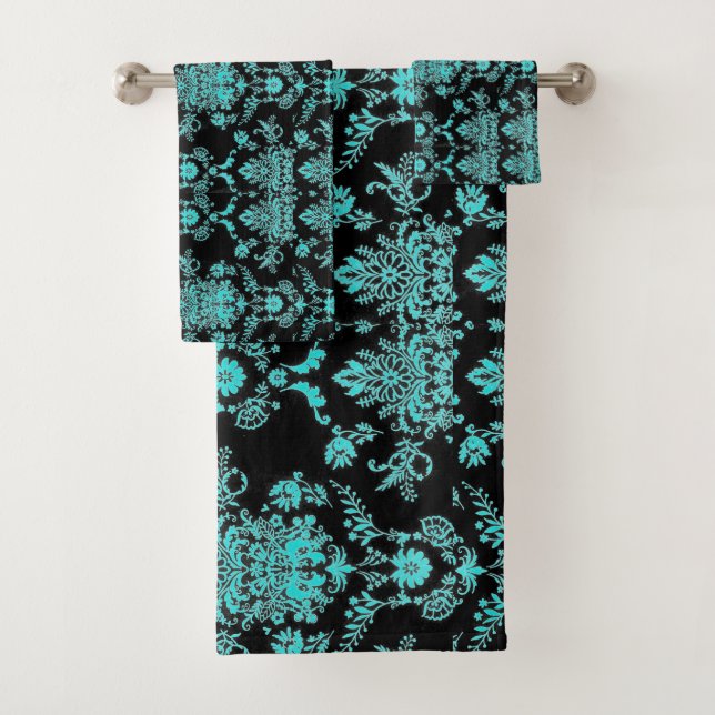Aqua Damask on Black Bath Towel Set (Insitu)