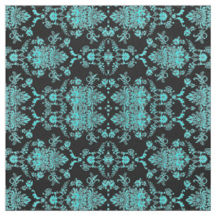 Aqua Damask on Black Chic Design Fabric
