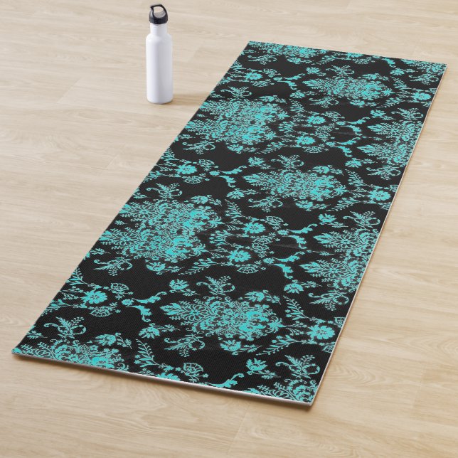 Aqua Damask on Black Chic Design Yoga Mat (In Situ)