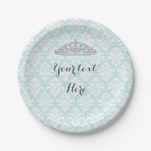 Aqua Damask Princess Tiara Customise Paper Plate