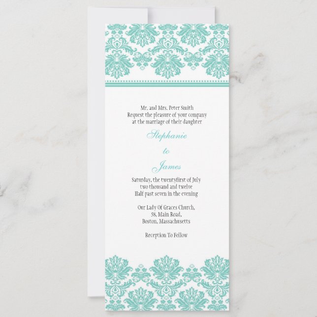 Aqua Damask Wedding Invitation (Front)