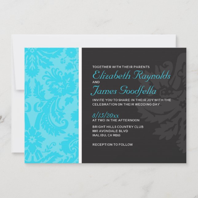 Aqua Damask Wedding Invitations (Front)