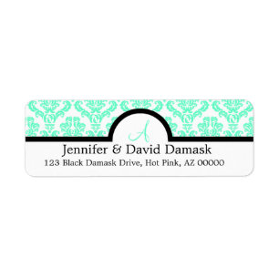 Aqua Damask Wedding Monogram Address Labels