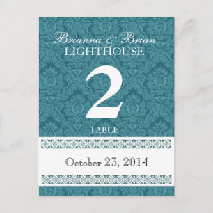 Aqua Damask Wedding Table Number Card Reception