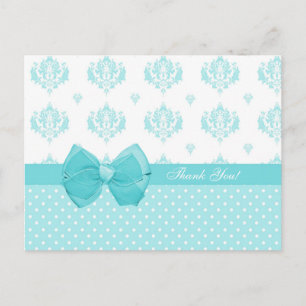 Aqua Damask With Polka Dots Thank You Postcard