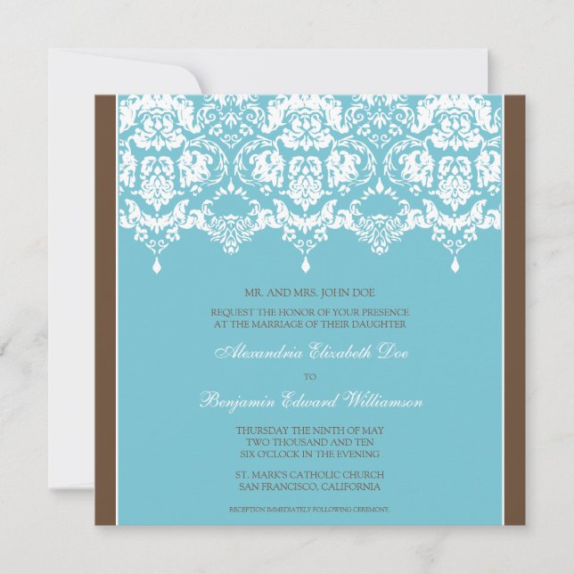 Aqua Darling Damask Lace Square Wedding Invitation (Front)
