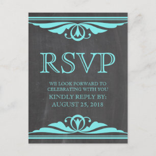 Aqua Deco Chalkboard RSVP Postcard