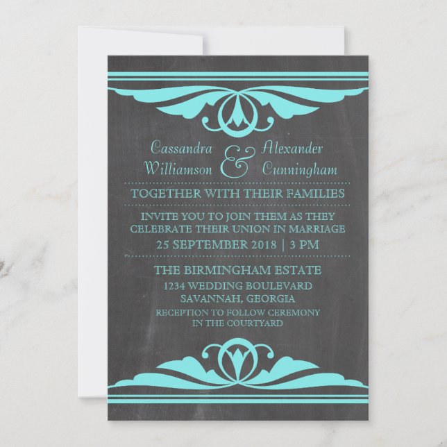 Aqua Deco Chalkboard Wedding Invite (Front)