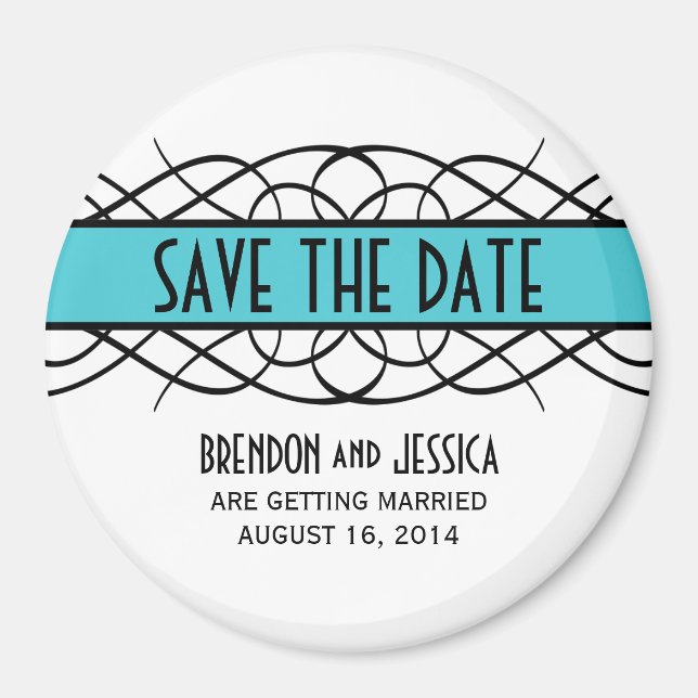 Aqua Deco Flourish Save the Date Magnet (Front)