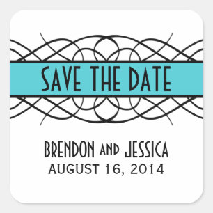 Aqua Deco Flourish Save the Date Stickers