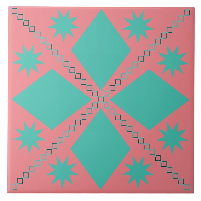 Aqua Diamond Fun | Salmon Background | Tile (Front)