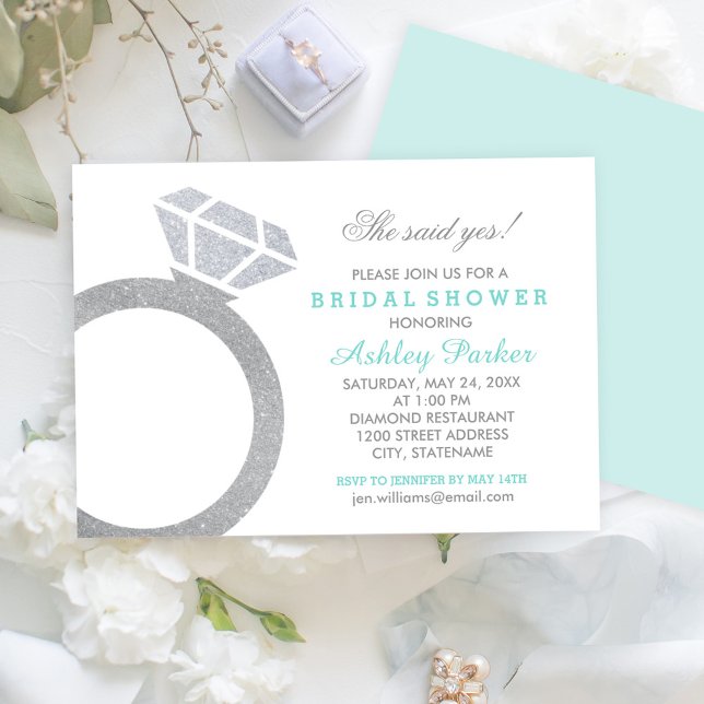 Aqua Diamond Ring Glitter Wedding Bridal Shower Invitation (Creator Uploaded)
