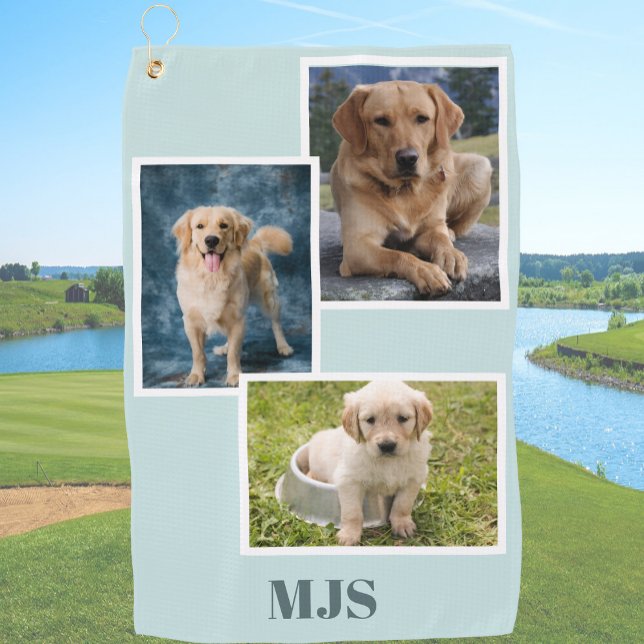 Aqua Dog Photo Collage Monogram Personalized  Golf Towel (Creator Uploaded)