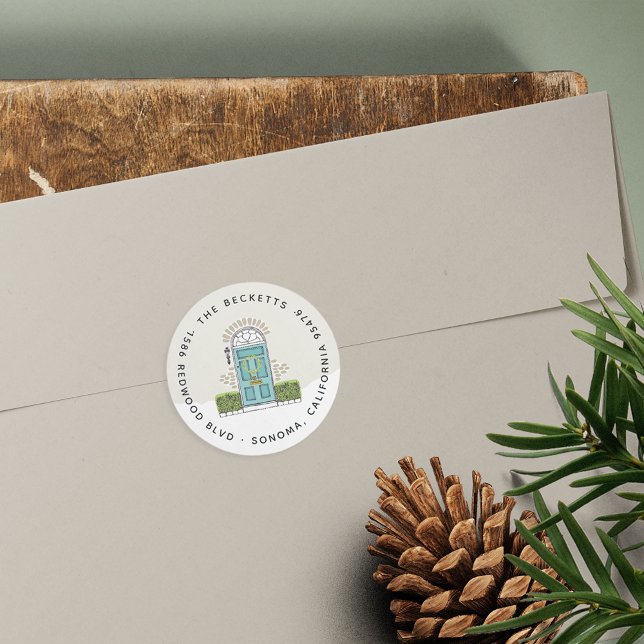 Aqua Door Holiday Return Address Classic Round Sticker (Creator Uploaded)