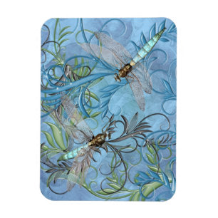 Aqua Dragonfly Floral Swirls Flexible Magnets