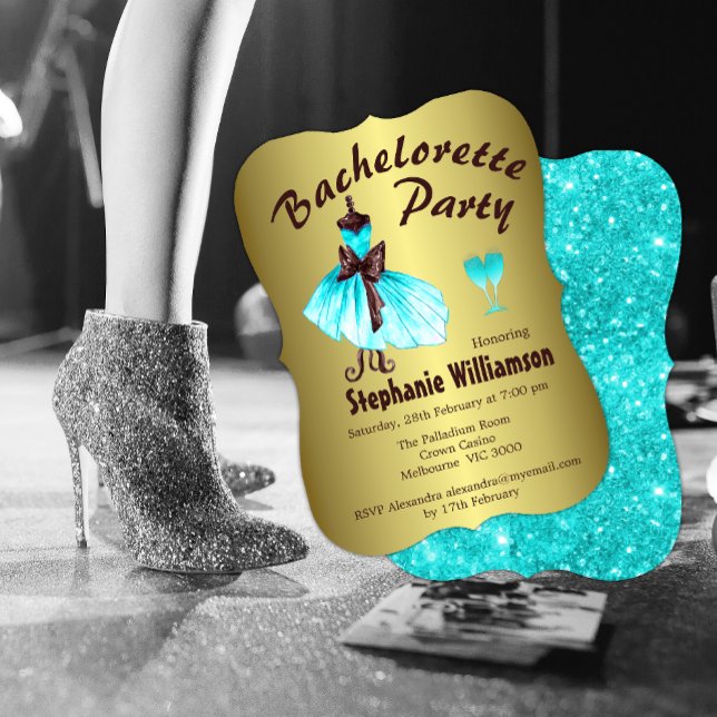 Aqua Dress on Gold Bachelorette Party Invitation (Creator Uploaded)