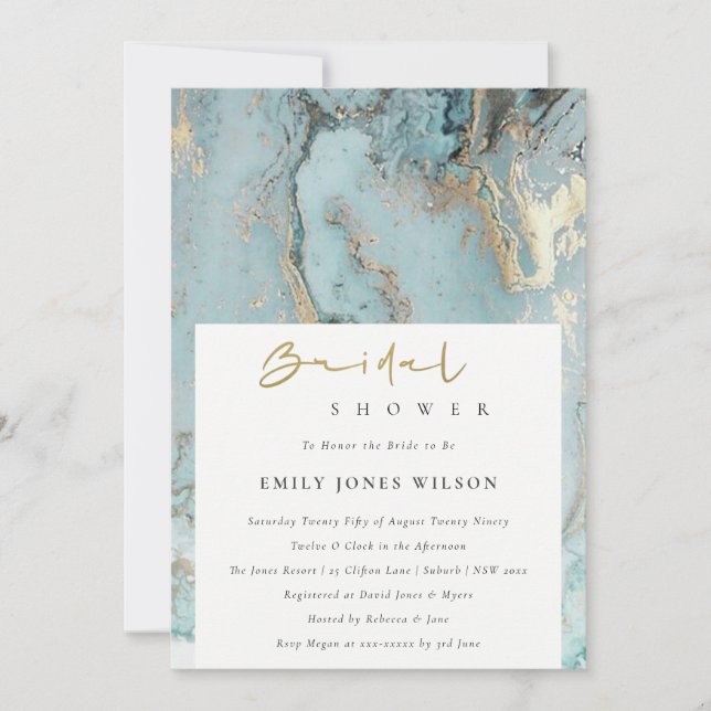 AQUA DUSKY BLUE GOLD AGATE BRIDAL SHOWER INVITE (Front)