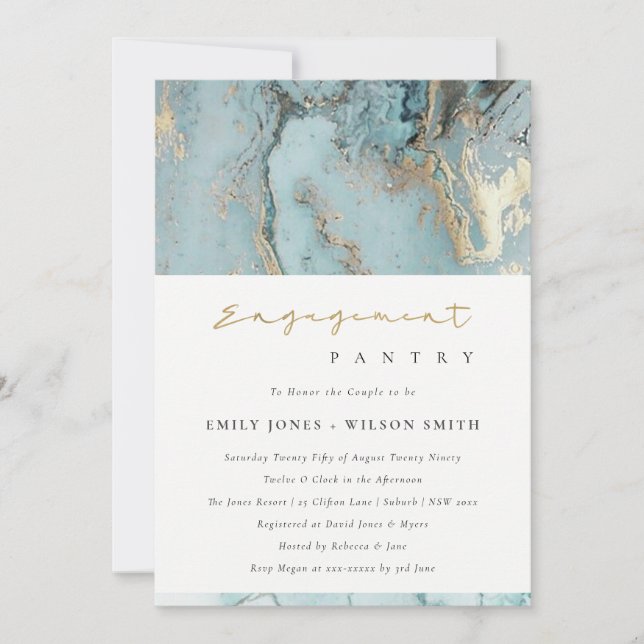 AQUA DUSKY BLUE GOLD AGATE ENGAGEMENT INVITE (Front)