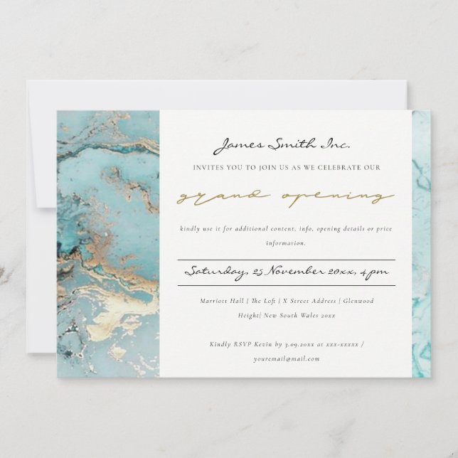AQUA DUSKY BLUE GOLD AGATE  GRAND OPENING INVITE (Front)