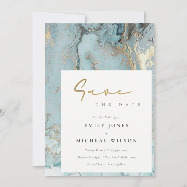 AQUA DUSKY BLUE GOLD AGATE SAVE THE DATE INVITE (Front)