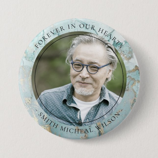 AQUA DUSKY BLUE GOLD AGATE SYMPATHY MEMORIAL PHOTO 7.5 CM ROUND BADGE (Front)
