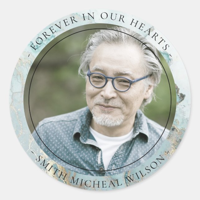 AQUA DUSKY BLUE GOLD AGATE SYMPATHY MEMORIAL PHOTO CLASSIC ROUND STICKER (Front)