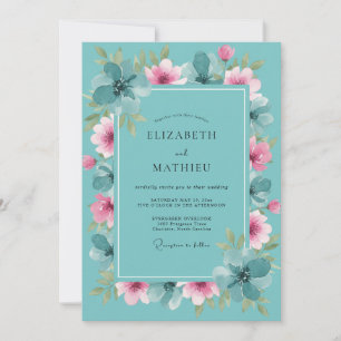 Aqua Dusty Pink Peony Wedding Invitation