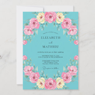 Aqua Dusty Pink Wreath Wedding Invitation
