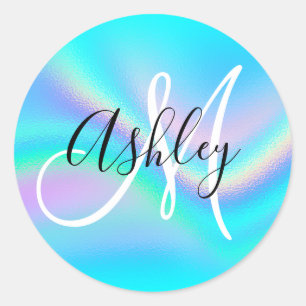 Aqua Edge Rainbow Wave Ombre Foil Monogram Classic Round Sticker