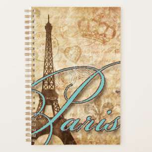 Aqua Eiffel Tower Paris French Country Script Planner
