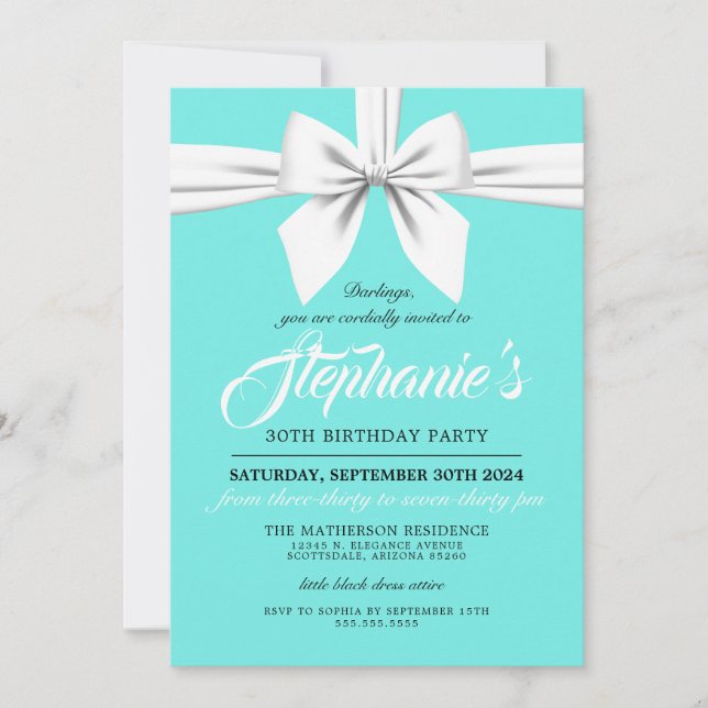 Aqua Elegant Bow White Tiffany Birthday Invitation (Front)