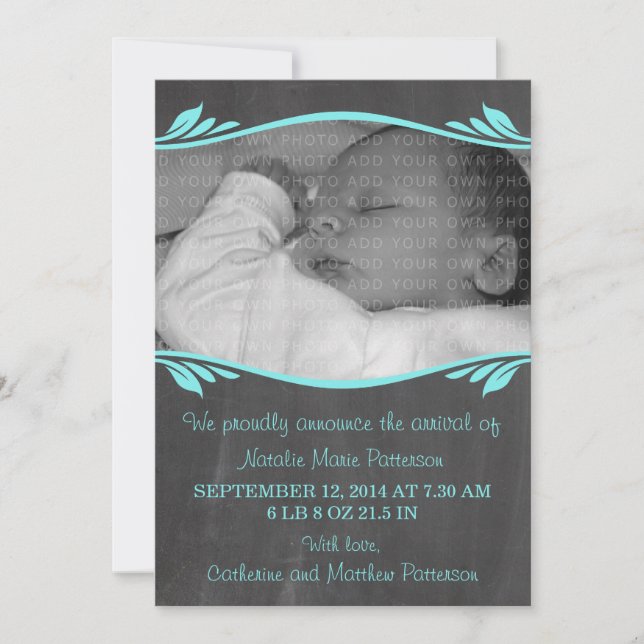 Aqua Elegant Chalkboard Baby Announcement (Front)