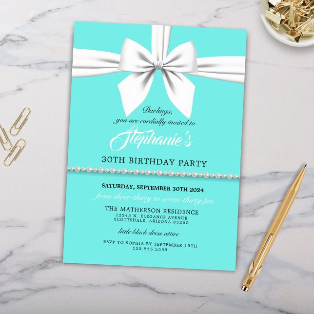 Aqua Elegant Fancy Tiffany Birthday Invitation (Customizable Elegant Breakfast at Tiffany's Birthday Party Invitation in Teal Blue with Pearls)